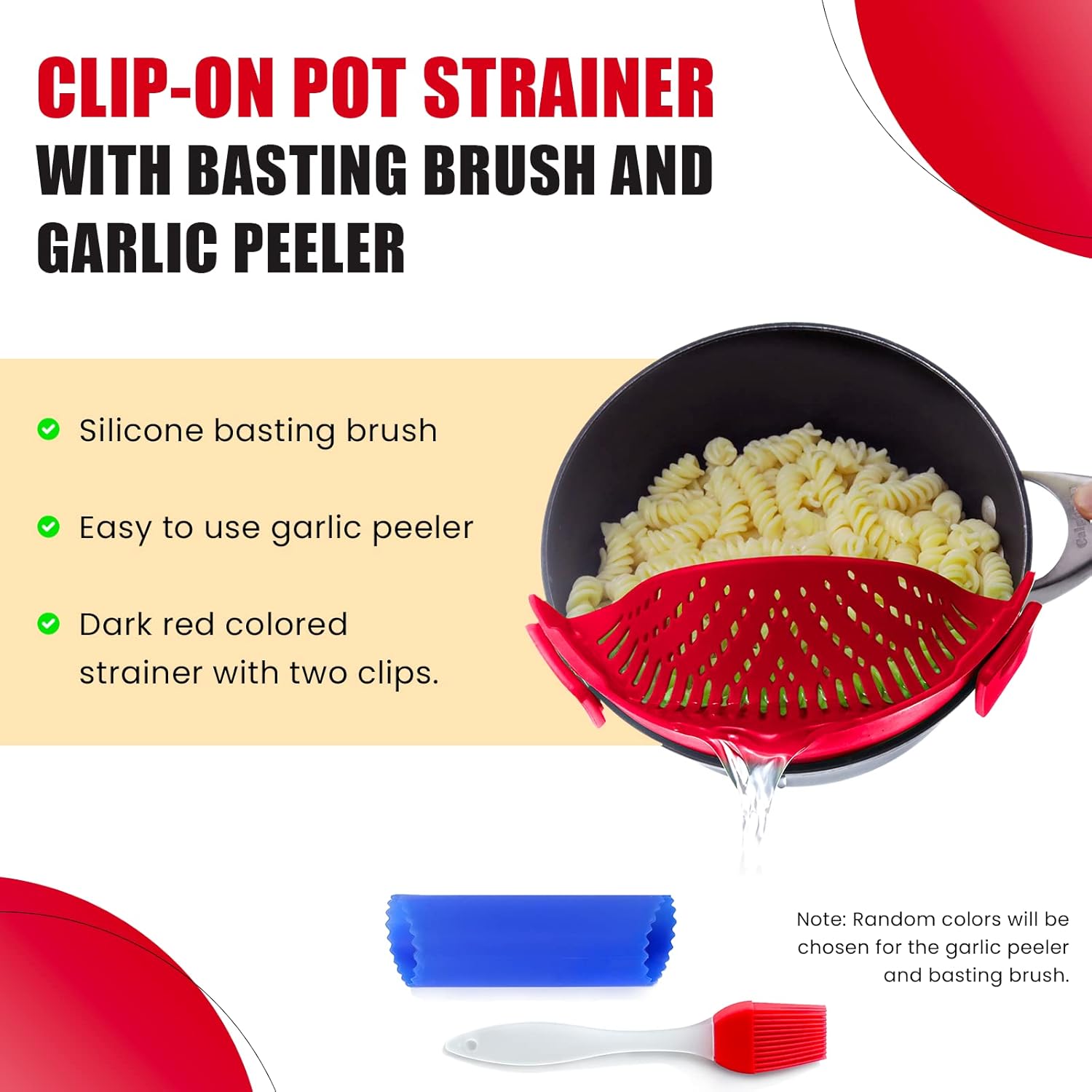 Clip On Kitchen Food Strainer for Spaghetti, Meat, Pasta, & Ground Beef Grease, Colander & Sieve Snaps or Clips Onto Bowls, Pots & Pans Includes Silicone Drainer, Brush & Garlic Peeler Dk Red