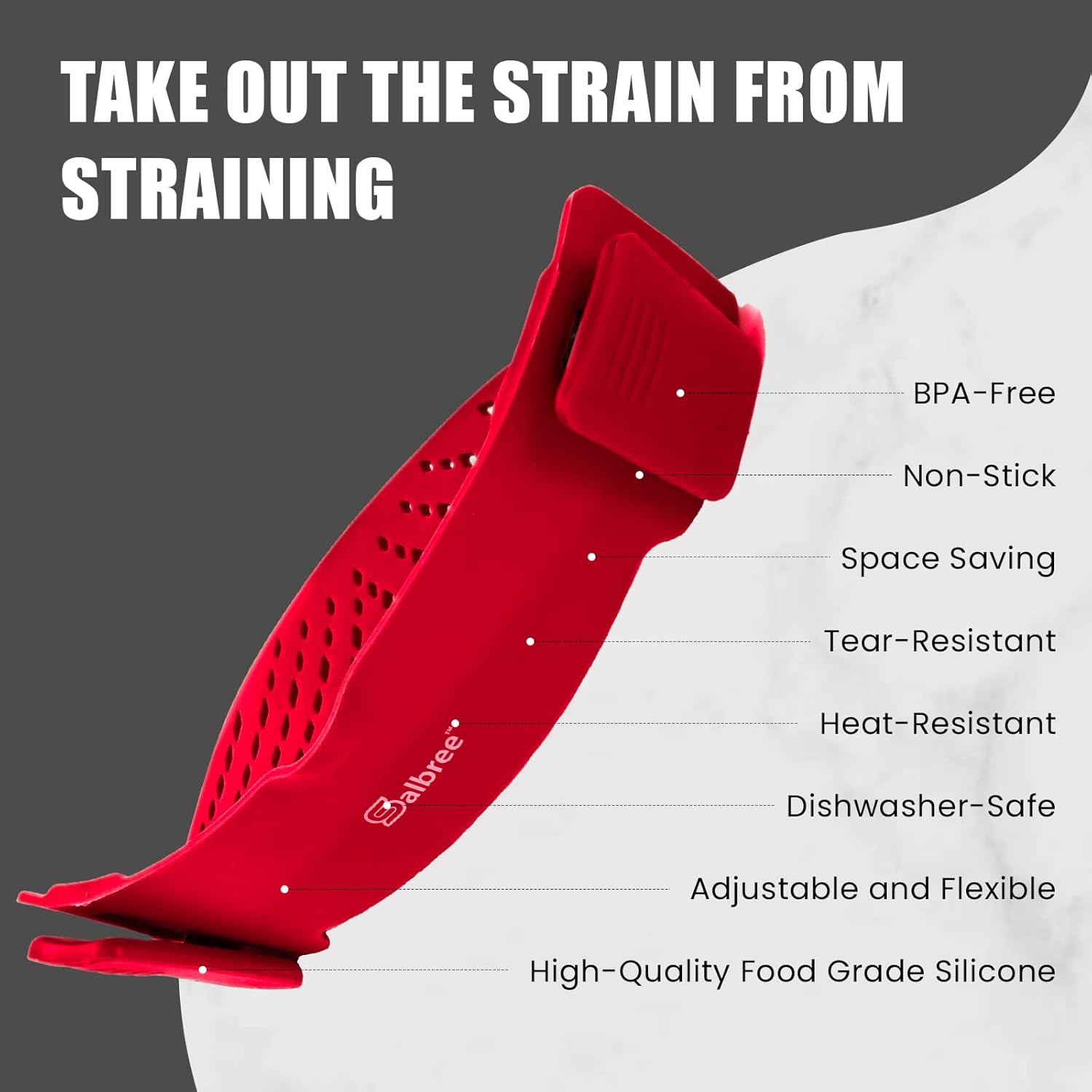 Clip On Kitchen Food Strainer for Spaghetti, Meat, Pasta, & Ground Beef Grease, Colander & Sieve Snaps or Clips Onto Bowls, Pots & Pans Includes Silicone Drainer, Brush & Garlic Peeler Dk Red