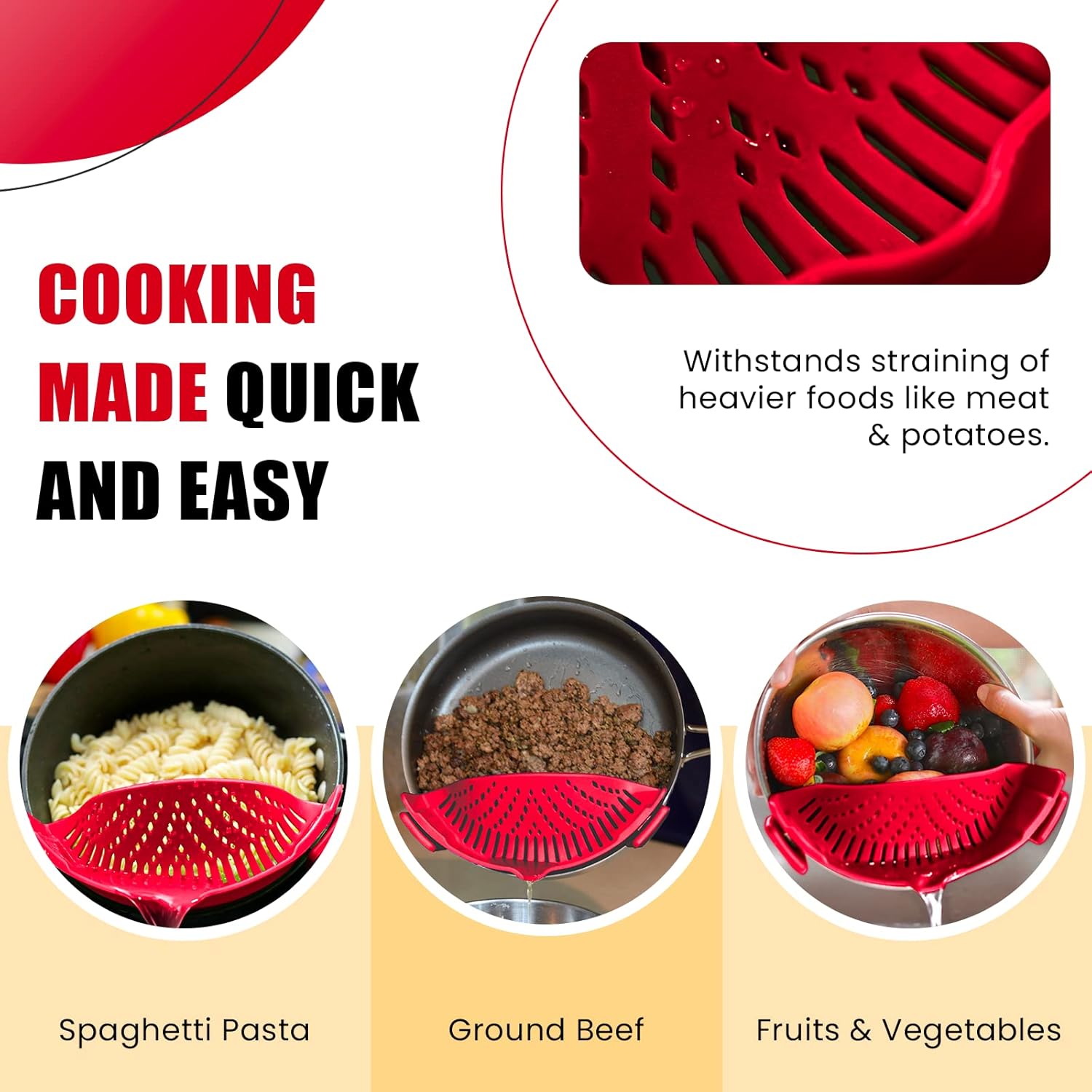 Clip On Kitchen Food Strainer for Spaghetti, Meat, Pasta, & Ground Beef Grease, Colander & Sieve Snaps or Clips Onto Bowls, Pots & Pans Includes Silicone Drainer, Brush & Garlic Peeler Dk Red