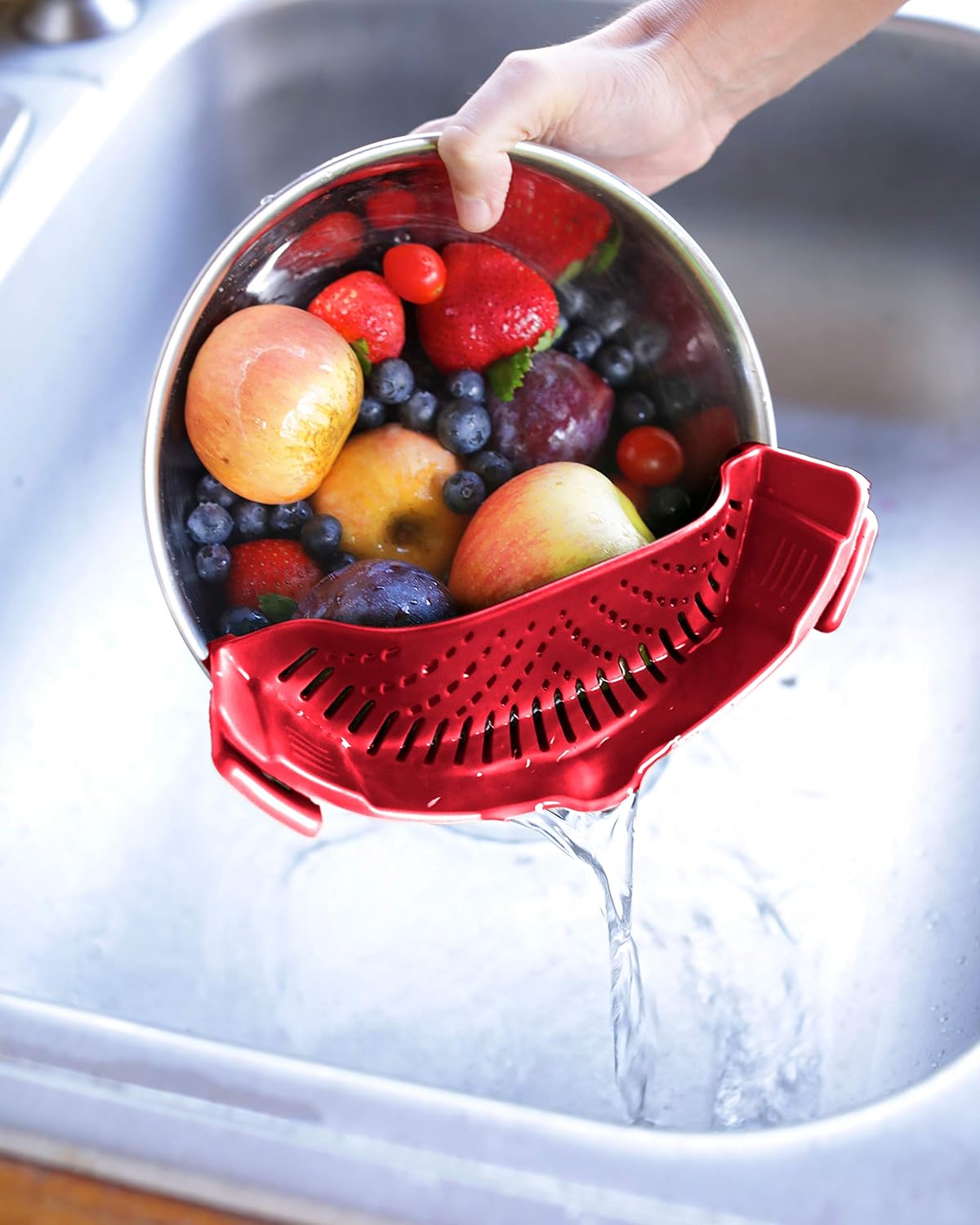 Clip On Kitchen Food Strainer for Spaghetti, Meat, Pasta, & Ground Beef Grease, Colander & Sieve Snaps or Clips Onto Bowls, Pots & Pans Includes Silicone Drainer, Brush & Garlic Peeler Dk Red