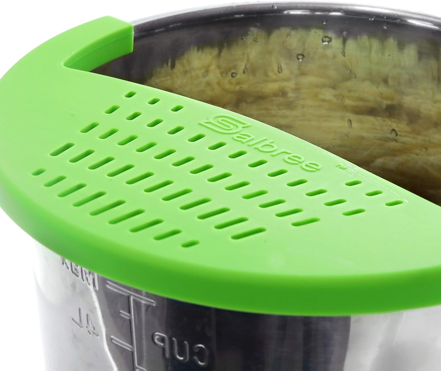 Salbree Silicone Snap Strainer fits the 6qt Instant Pot and Snaps to the 6 quart Instapot Pressure Cooker Inner Pan Small Mitts Set Included, for Straining Vegetable and Ground Beef Grease green