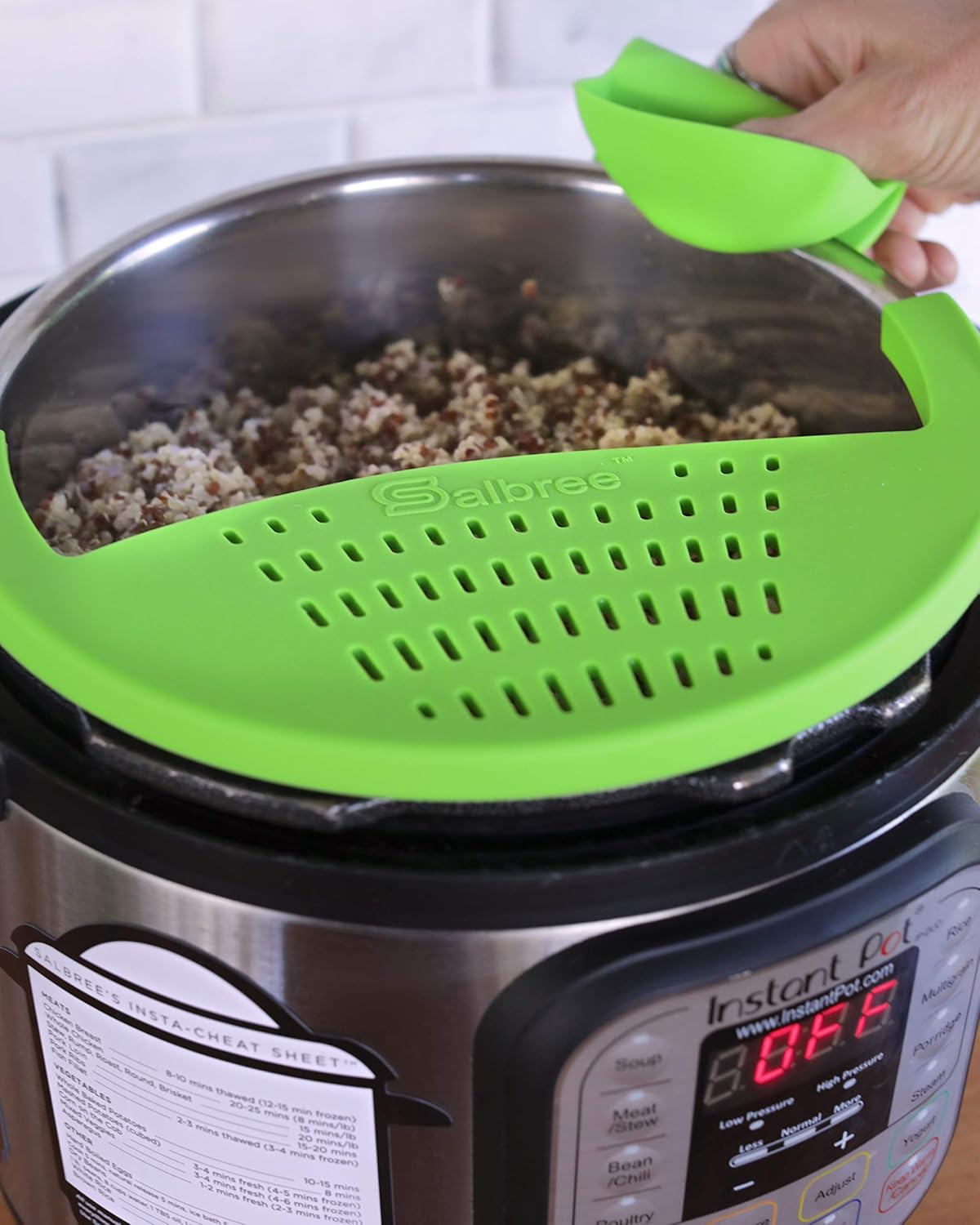 Salbree Silicone Snap Strainer fits the 6qt Instant Pot and Snaps to the 6 quart Instapot Pressure Cooker Inner Pan Small Mitts Set Included, for Straining Vegetable and Ground Beef Grease green