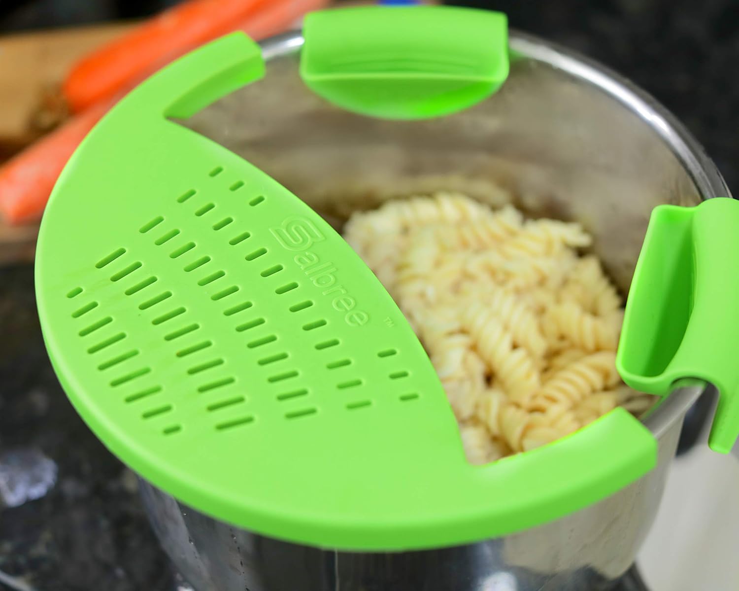 Salbree Silicone Snap Strainer fits the 6qt Instant Pot and Snaps to the 6 quart Instapot Pressure Cooker Inner Pan Small Mitts Set Included, for Straining Vegetable and Ground Beef Grease green