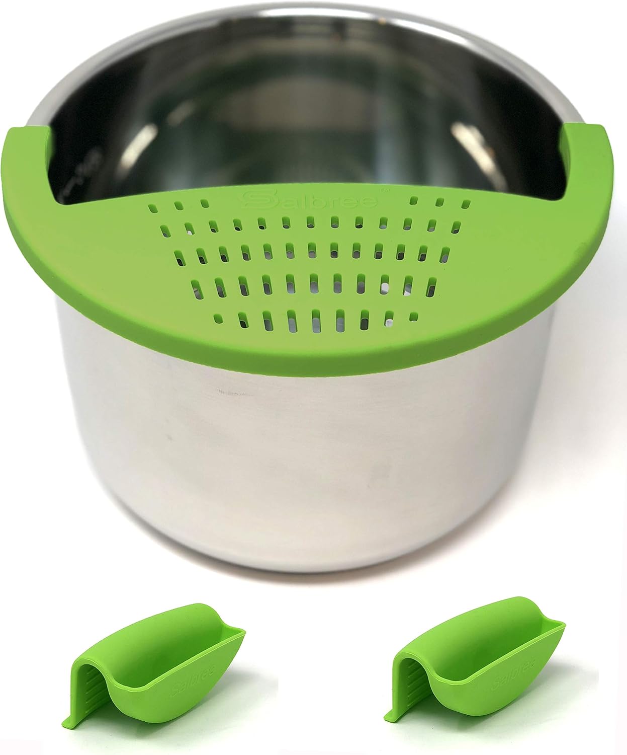 Salbree Silicone Snap Strainer fits the 6qt Instant Pot and Snaps to the 6 quart Instapot Pressure Cooker Inner Pan Small Mitts Set Included, for Straining Vegetable and Ground Beef Grease green