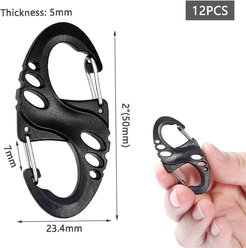 12 Pack 2" Carabiner Clip Plastic S Carabiner Clips Paracord Keychain Hooks for Key Chain Backpacks Bags Zipper Clip Accessories