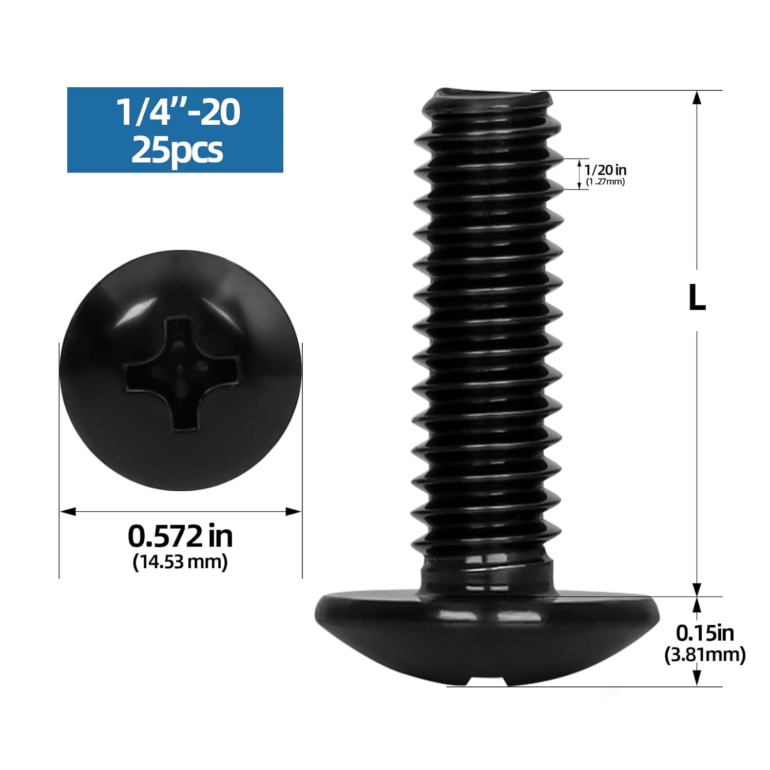 1/4"-20 x 1/2" Truss Head Machine Screws, Full Thread, 304 Stainless Steel Black Finish, 25 PCS