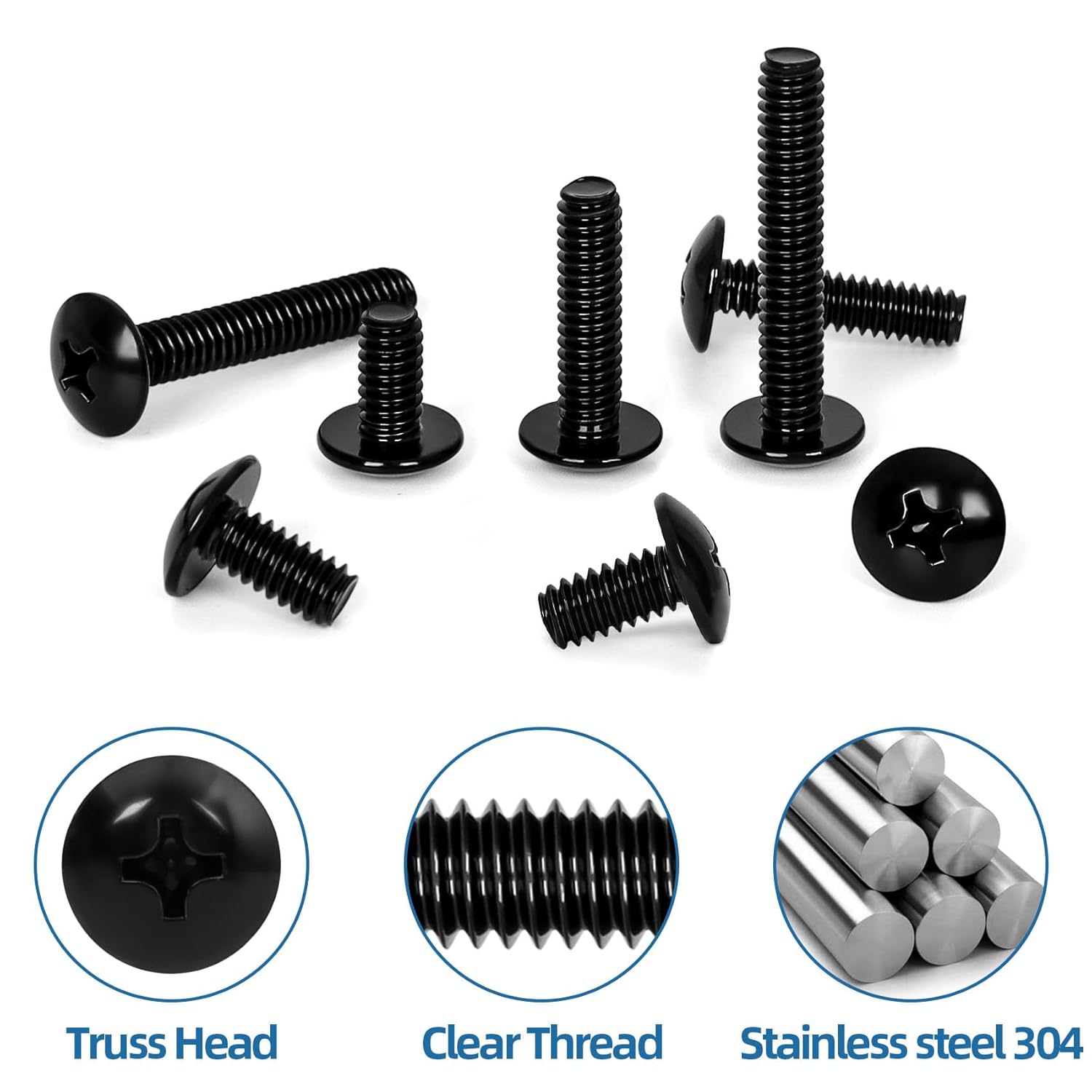 1/4"-20 x 1/2" Truss Head Machine Screws, Full Thread, 304 Stainless Steel Black Finish, 25 PCS