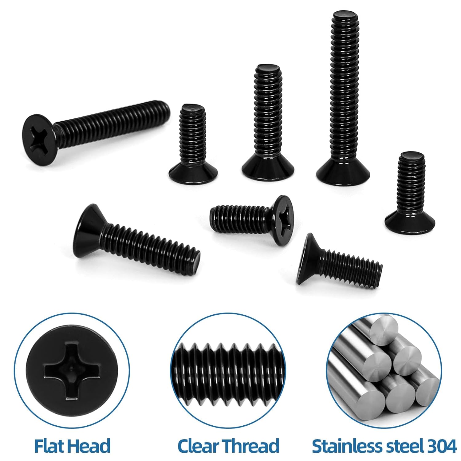 #8-32 x 1/2" Black Countersunk Flat Head Machine Screws, Electrical Outlet Screws, Full Thread, 304 Stainless Steel, Black Finish, 50 PCS