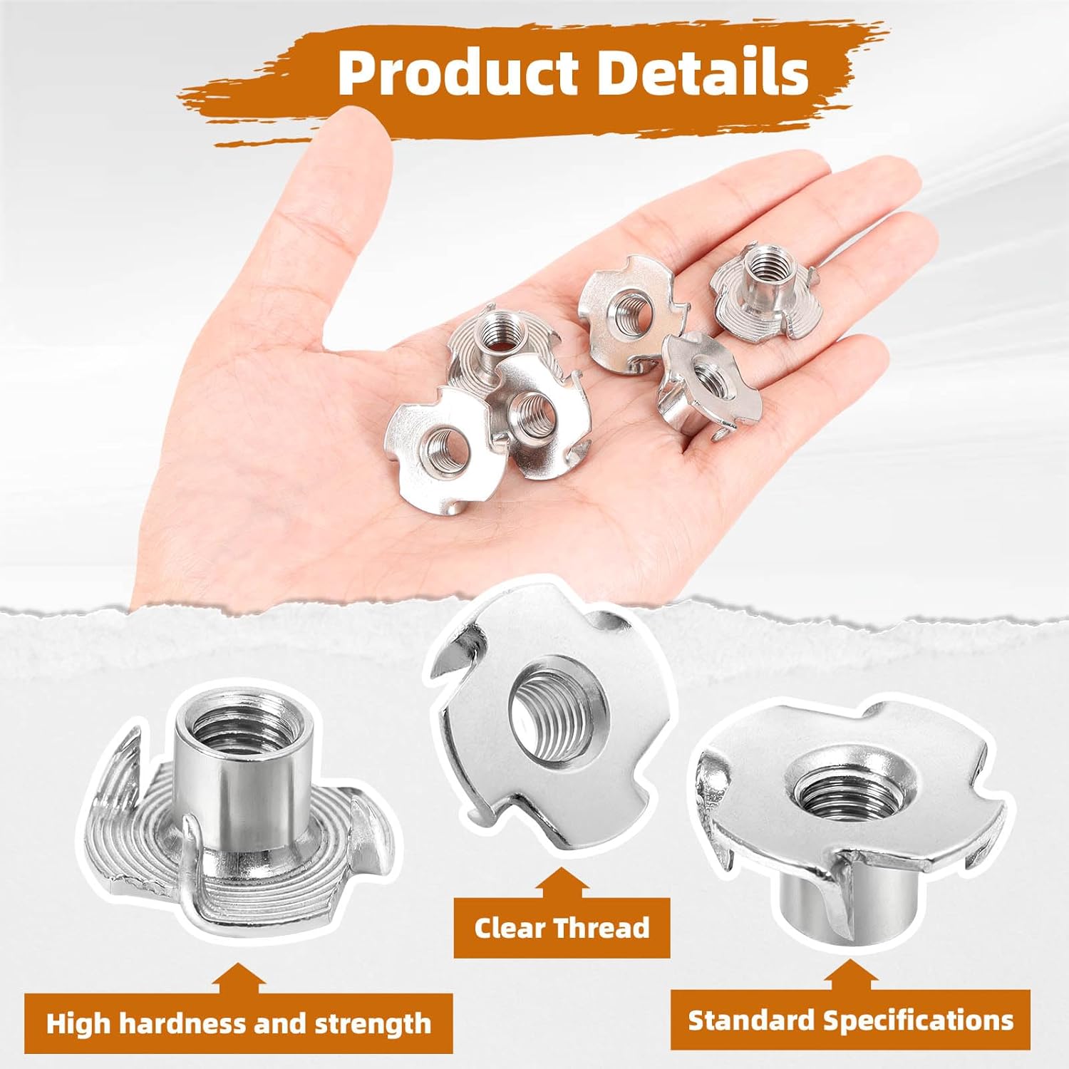 1/4"-20 Stainless Steel T-Nuts Durable Anti-Corrosion Threaded Inserts Tee Nut Four Prongs Nut for Wood and Furniture, 50 PCS