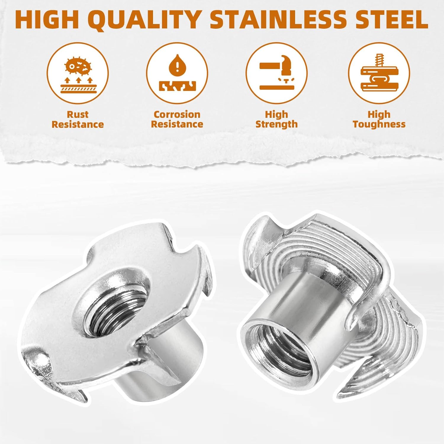 1/4"-20 Stainless Steel T-Nuts Durable Anti-Corrosion Threaded Inserts Tee Nut Four Prongs Nut for Wood and Furniture, 50 PCS