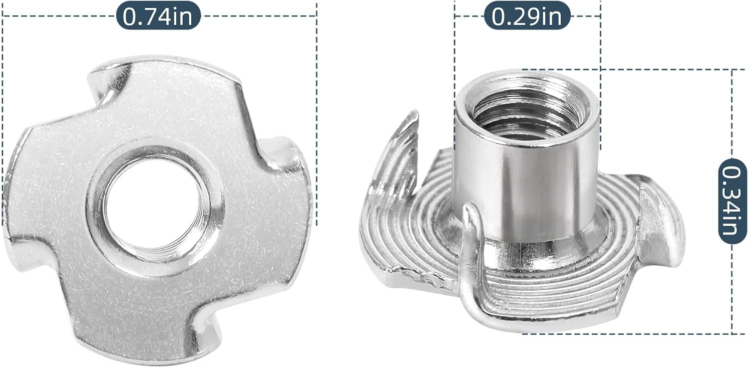 1/4"-20 Stainless Steel T-Nuts Durable Anti-Corrosion Threaded Inserts Tee Nut Four Prongs Nut for Wood and Furniture, 50 PCS