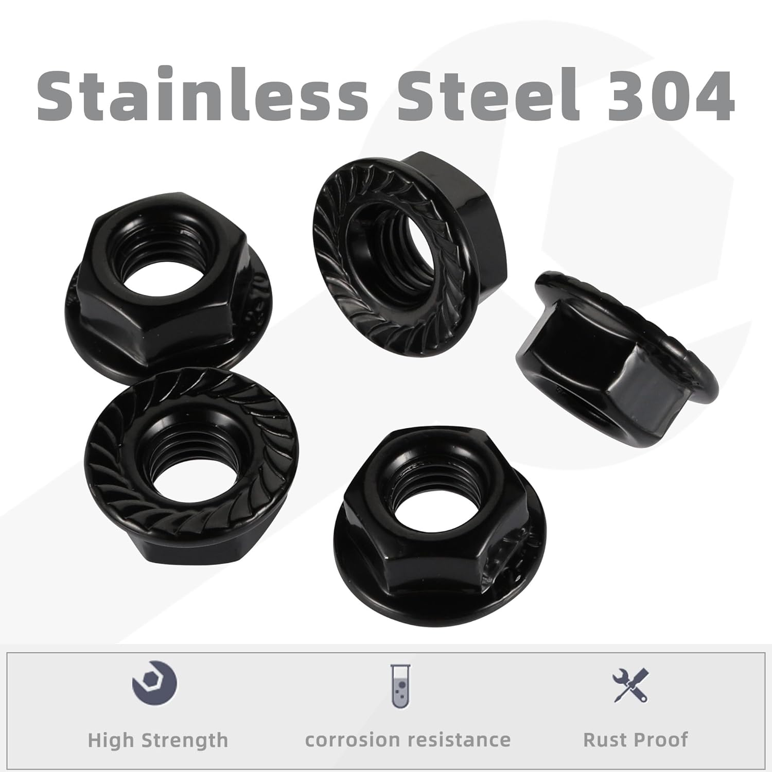 M10-1.5 Serrated Flange Hex Nuts Flanged Locknuts, 304 Stainless Steel 18-8, Black Finish, Pack of 25