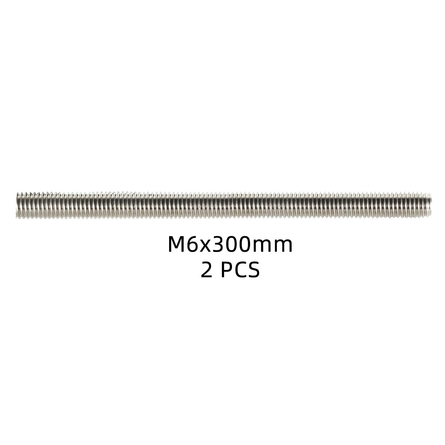 M6-1.0 x 300mm Fully Threaded Rods, Long Threaded Studs, Right Hand Threads, All Threaded Rod, 304 Stainless Steel, 2 PCS