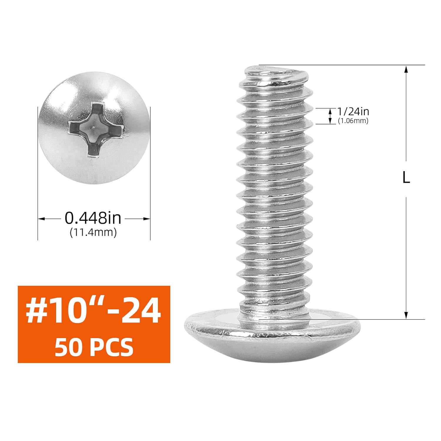 #10-24 x 1-1/2" Truss Head Bolts Machine Screws, Full Thread, 304 Stainless Steel, 50 PCS