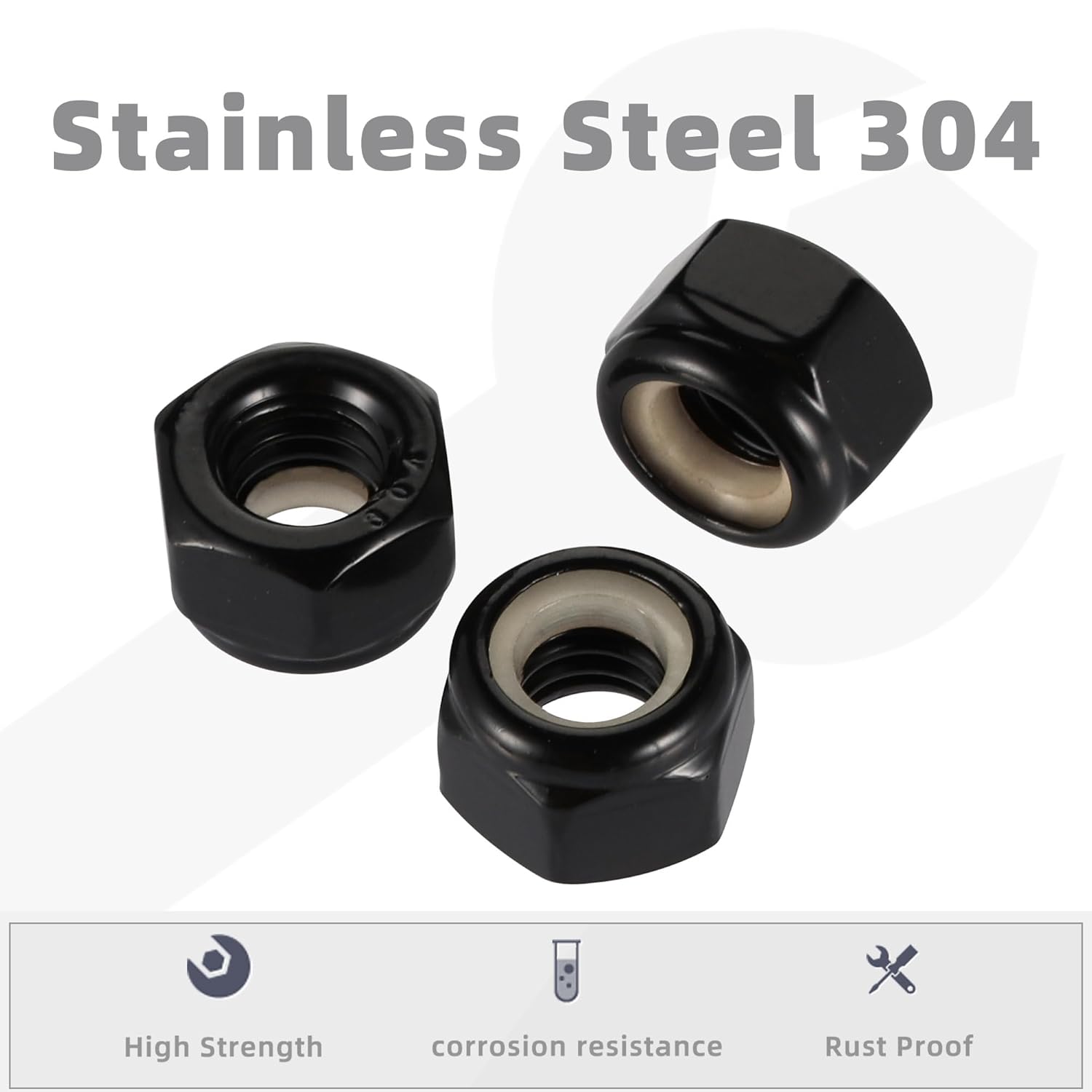 #8-32 Nylon Insert Hex Lock Nut Stainless Locknuts, 304 Stainless Steel 18-8 Black Finish, Pack of 50