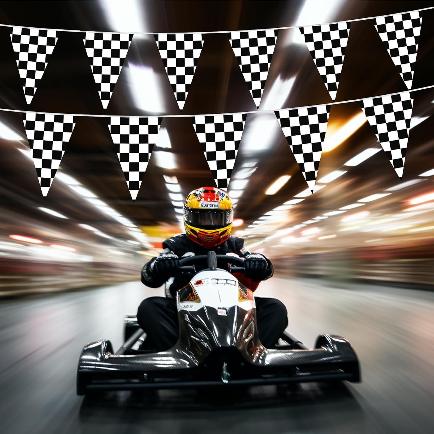 HOOSUN Checkered Flag Banner Race Cars Birthday Decorations,98 Ft 48 Pcs Checkered Flag Party Supplies,Racing Flags Decorations,Black and White Race Car Flag Pennant Banner for Nascar Cars Theme Party