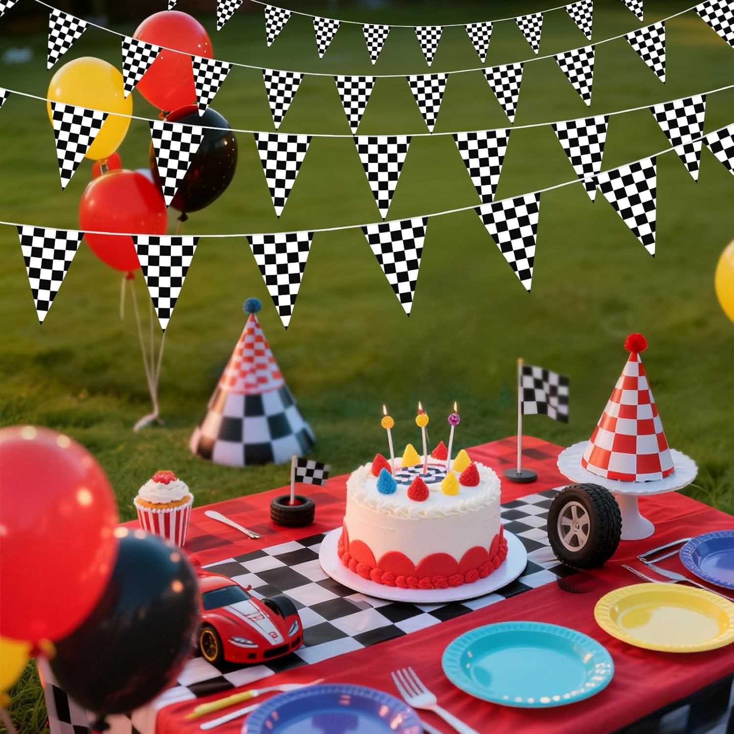 HOOSUN Checkered Flag Banner Race Cars Birthday Decorations,98 Ft 48 Pcs Checkered Flag Party Supplies,Racing Flags Decorations,Black and White Race Car Flag Pennant Banner for Nascar Cars Theme Party