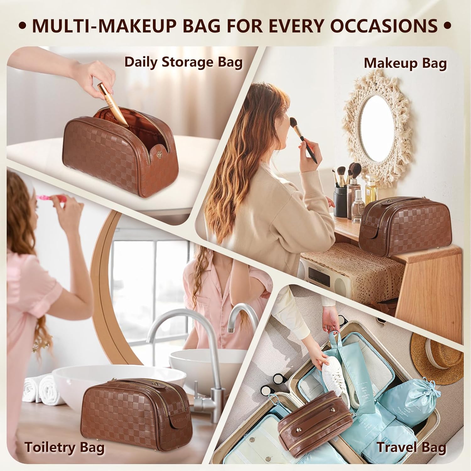 2 Pcs Makeup Bags Set, Large Capacity Makeup Organizer for Women, PU Leather Make Up Bag Portable Travel Toiletry Bag, Stylish Tessellated Cosmetic Bag Two Sizes to Match With Your Heart