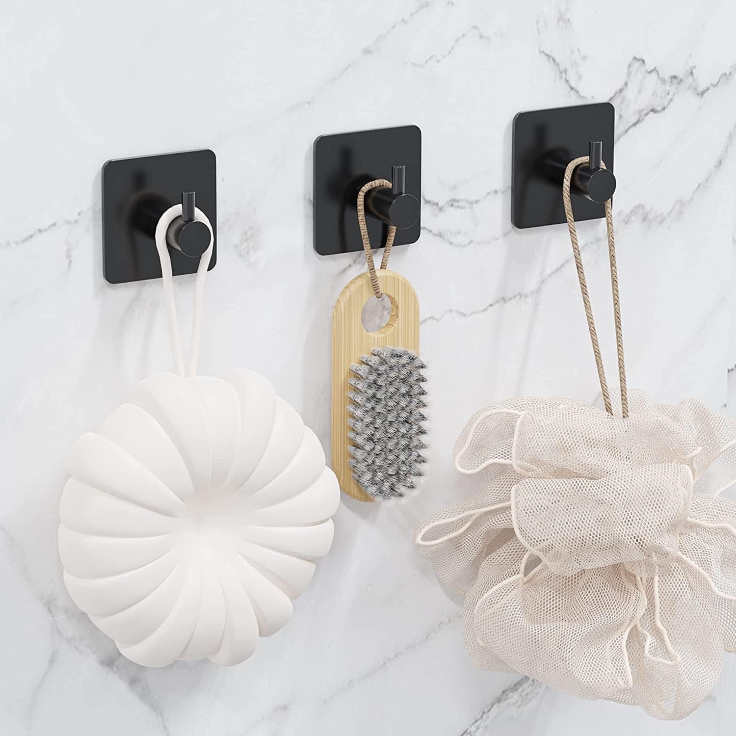 4 Pack Adhesive Hooks, Black Towel Hook for Bathrooms, Heavy Duty Stainless Steel Wall Hook, Waterproof Stick on Hook, Hooks for Hanging Robe, Key, Coat, Clothes