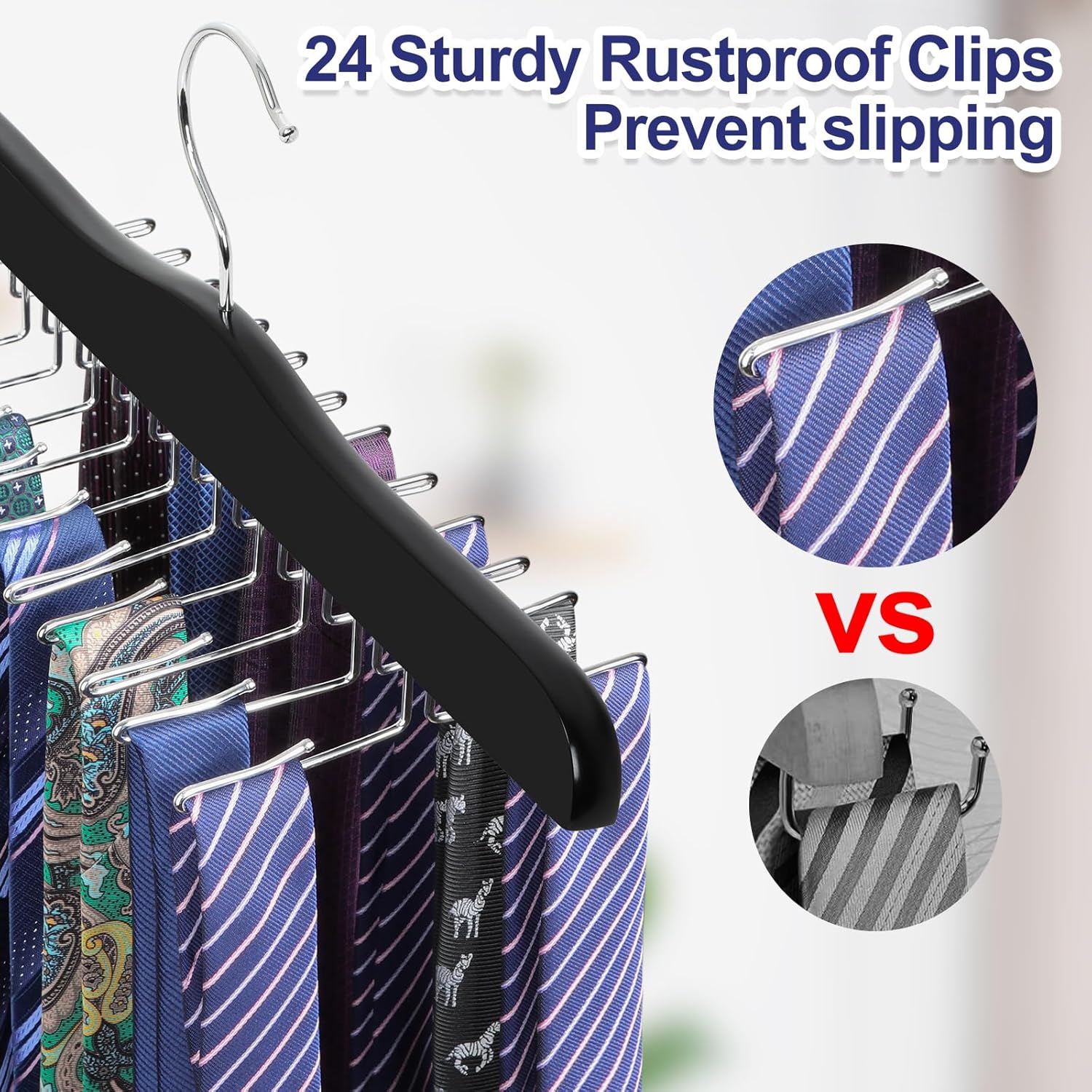 TOPIA HANGER Tie Rack Hanger for Closet, Wooden Tie Organizer for Men with 24 Folding Hooks, Space Saving Necktie Holder for Storage and Display Bra, Tank Top, Camisole 1-Pack , Black- CT14B