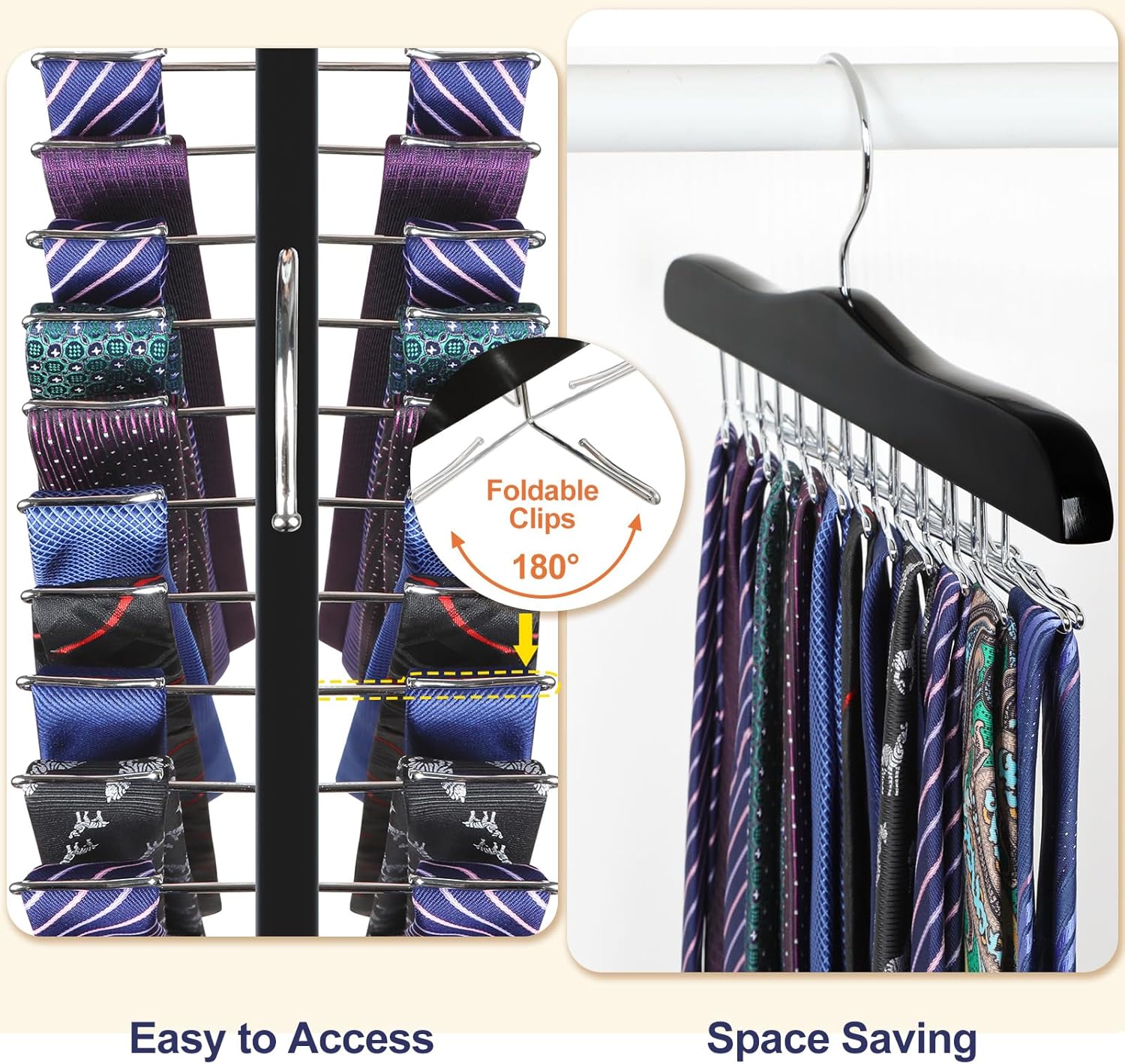 TOPIA HANGER Tie Rack Hanger for Closet, Wooden Tie Organizer for Men with 24 Folding Hooks, Space Saving Necktie Holder for Storage and Display Bra, Tank Top, Camisole 1-Pack , Black- CT14B