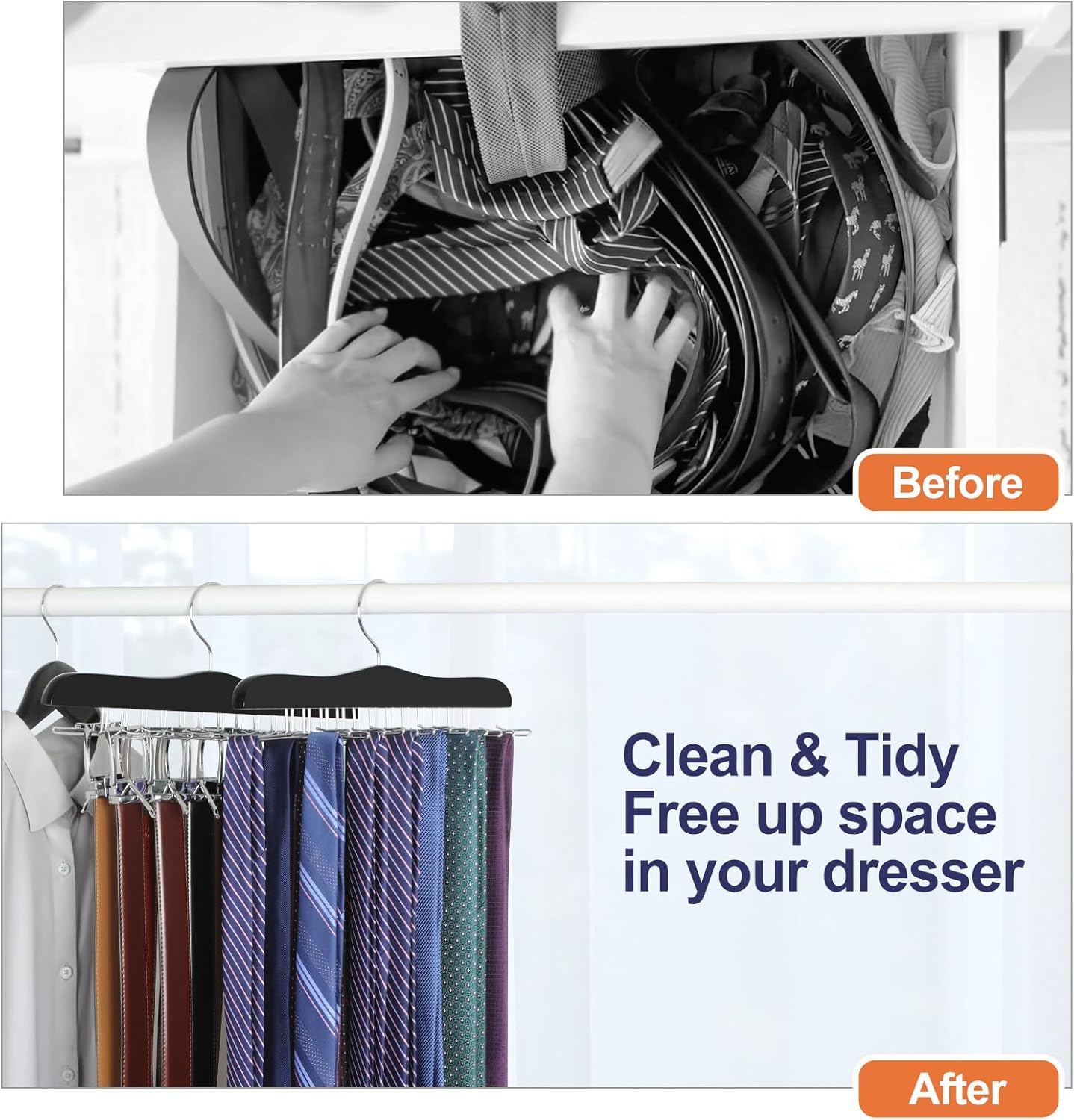 TOPIA HANGER Tie Rack Hanger for Closet, Wooden Tie Organizer for Men with 24 Folding Hooks, Space Saving Necktie Holder for Storage and Display Bra, Tank Top, Camisole 1-Pack , Black- CT14B