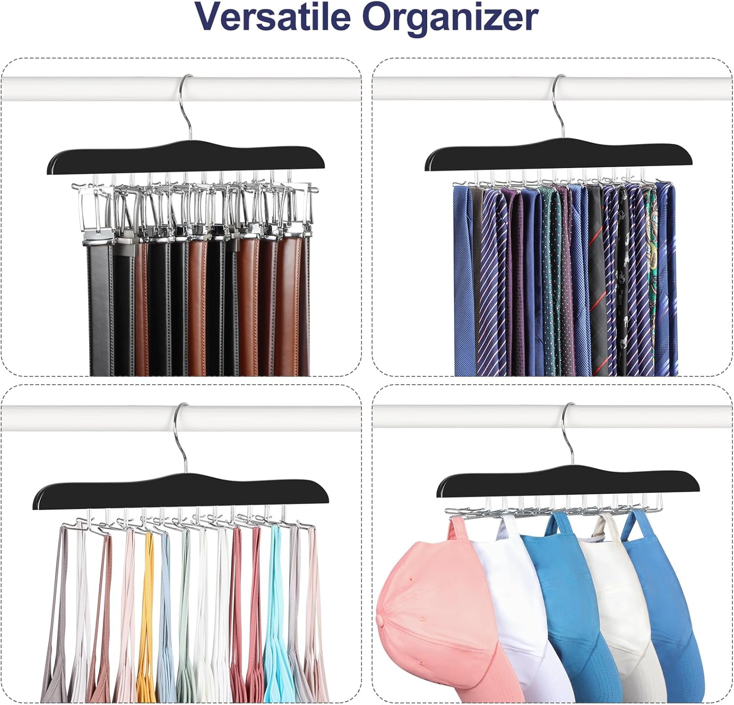 TOPIA HANGER Tie Rack Hanger for Closet, Wooden Tie Organizer for Men with 24 Folding Hooks, Space Saving Necktie Holder for Storage and Display Bra, Tank Top, Camisole 1-Pack , Black- CT14B