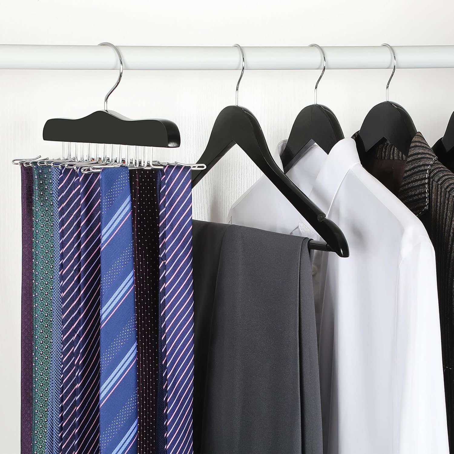 TOPIA HANGER Tie Rack Hanger for Closet, Wooden Tie Organizer for Men with 24 Folding Hooks, Space Saving Necktie Holder for Storage and Display Bra, Tank Top, Camisole 1-Pack , Black- CT14B