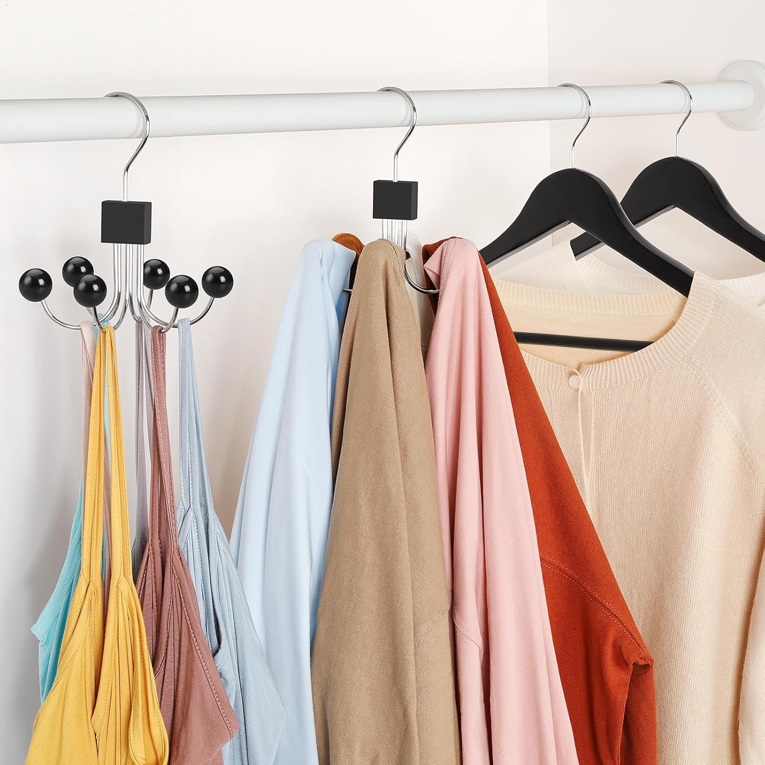 TOPIA HANGER Sweatshirt Hangers 2-Pack with 6 Wooden Balls, Purse Hanger, Scarf Hanger, Wooden Closet Hooks, Handbag Organizer, Bra Hanger, Accessory Organizers for Scarf, Tanktop, Hat, Hoodie CT82B