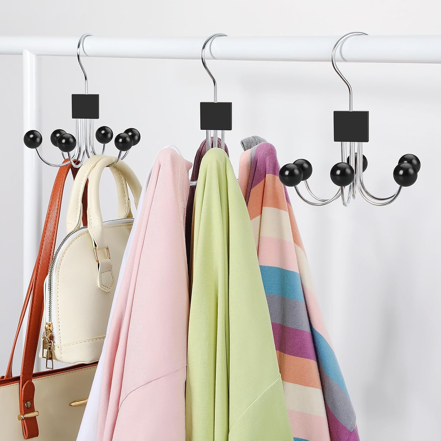 TOPIA HANGER Sweatshirt Hangers 2-Pack with 6 Wooden Balls, Purse Hanger, Scarf Hanger, Wooden Closet Hooks, Handbag Organizer, Bra Hanger, Accessory Organizers for Scarf, Tanktop, Hat, Hoodie CT82B