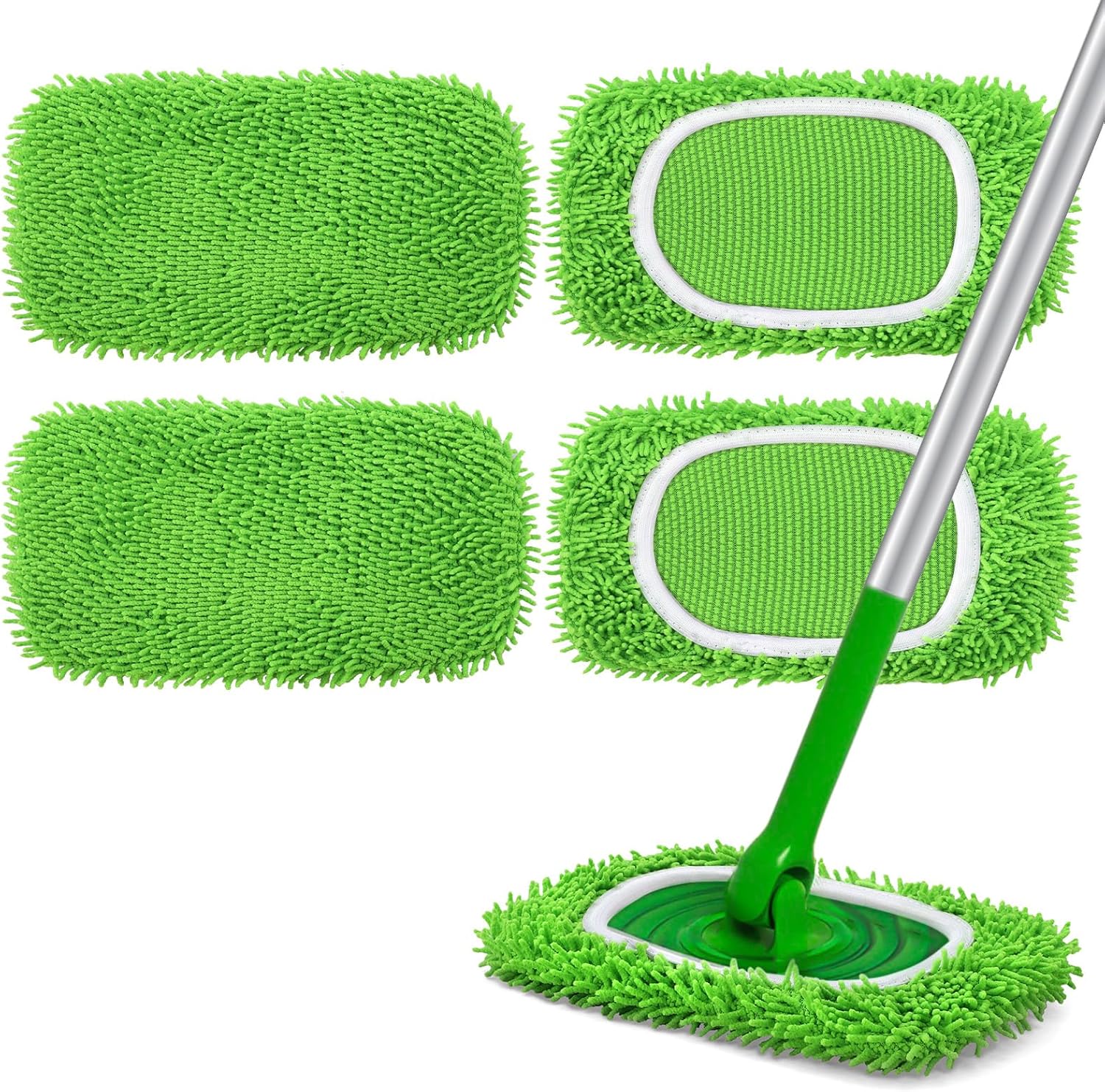 Reusable Microfiber Mop Pads Compatible with Swiffer Sweeper- 4 Pack Dry Sweeping Cloths & Wet Mopping Cloths - Chenille Washable Wet Pads Refill for Mopping Floors Mop is not Included