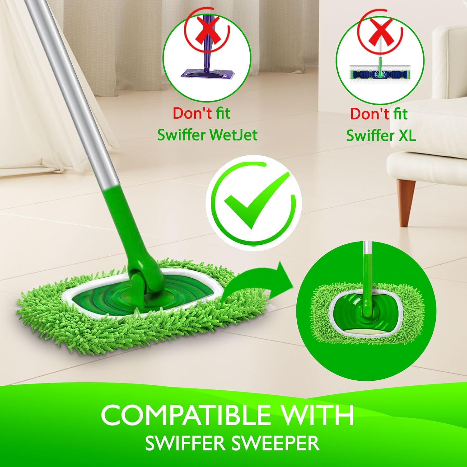 Reusable Microfiber Mop Pads Compatible with Swiffer Sweeper- 4 Pack Dry Sweeping Cloths & Wet Mopping Cloths - Chenille Washable Wet Pads Refill for Mopping Floors Mop is not Included