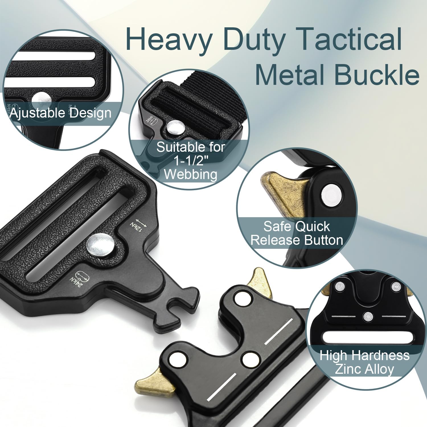 CooBigo 2 Pack Tactical Belt Buckles, 1-1/2" Heavy Duty Metal Tactical Buckle Clips for Dog Collar Hardware, Harness, Backpack, Luggage Strap Release Clasp Replacement Black