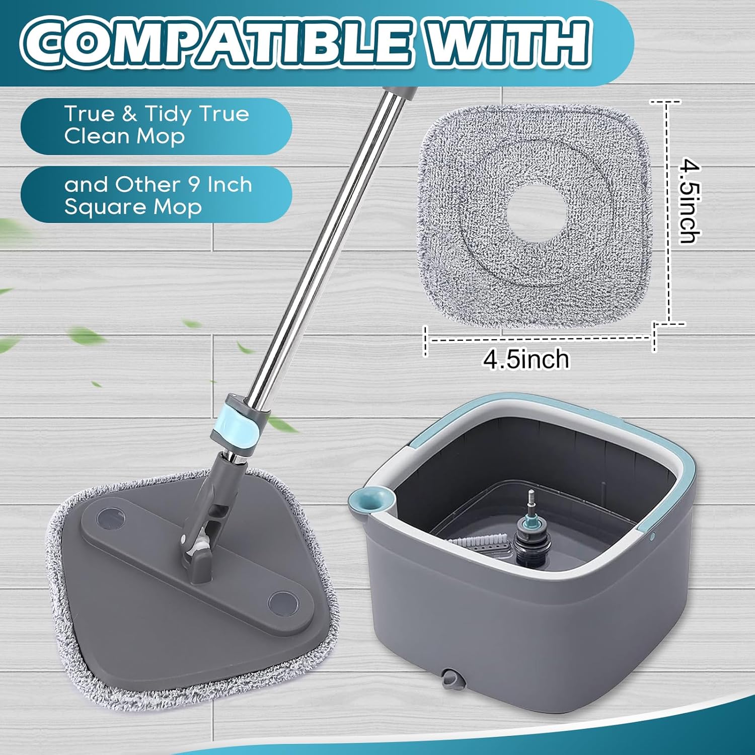 Square Microfiber Mop Pads Compatible with True & Tidy True Spin Mop - Mop Replacement Pads for Square Spin Mop and Bucket - Washable Pads fit for All 9 Inch Square Spin Mop 4 Pack