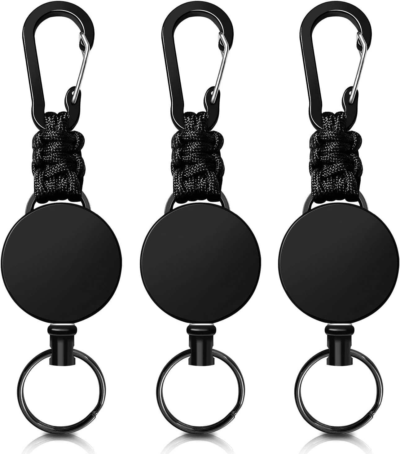 Retractable Keychain 3 Pack Heavy Duty Carabiner Badge Holder Extendable Reel ID Badge Holders Retractable for Keys Ring with 60 cm Steel Cord and Lanyard Black