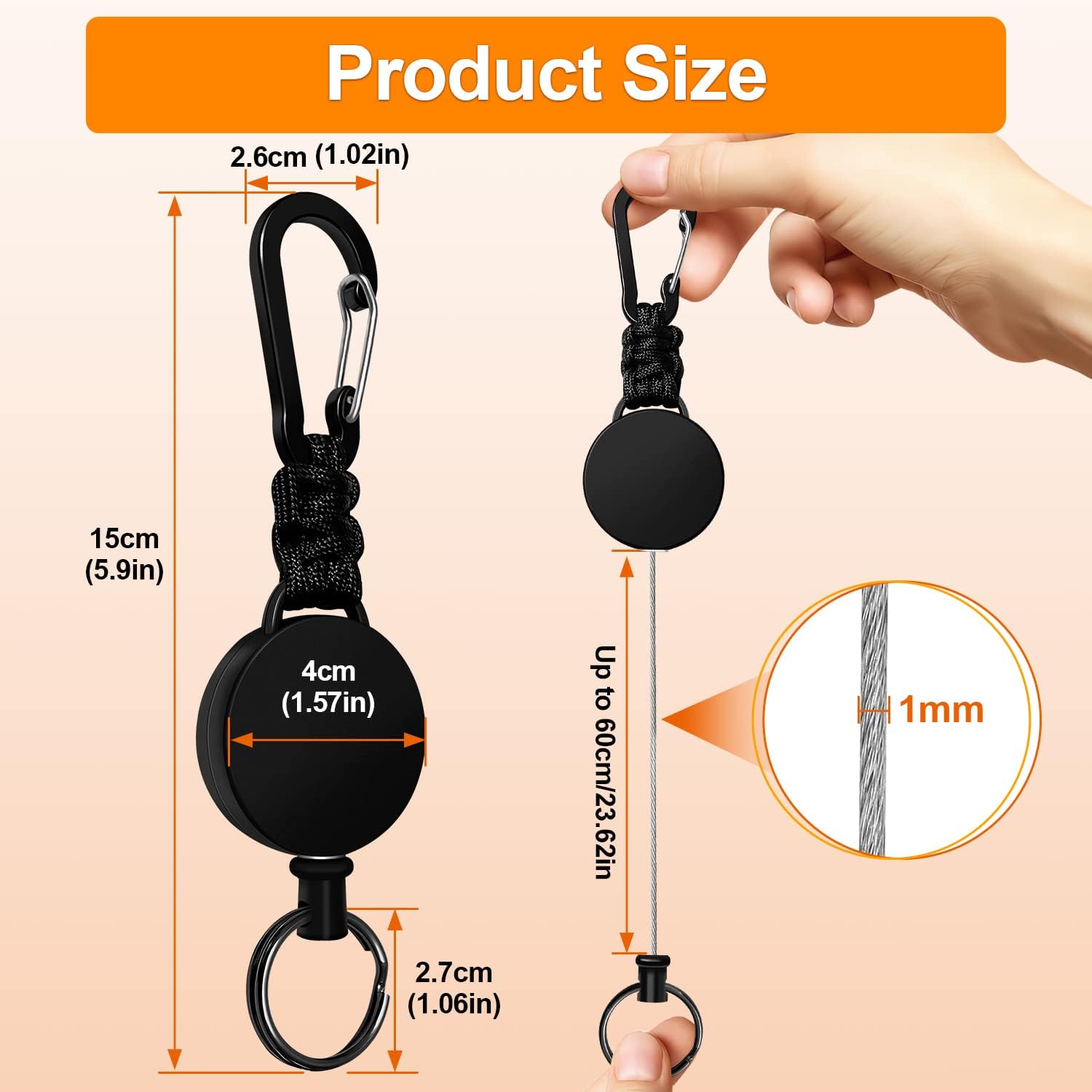 Retractable Keychain 3 Pack Heavy Duty Carabiner Badge Holder Extendable Reel ID Badge Holders Retractable for Keys Ring with 60 cm Steel Cord and Lanyard Black