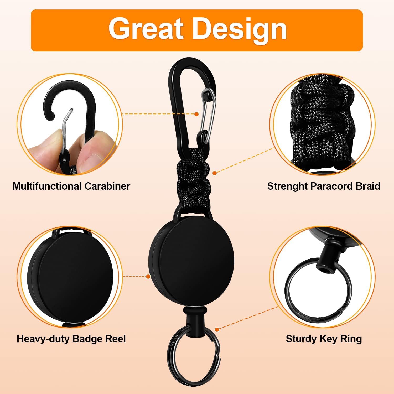 Retractable Keychain 3 Pack Heavy Duty Carabiner Badge Holder Extendable Reel ID Badge Holders Retractable for Keys Ring with 60 cm Steel Cord and Lanyard Black