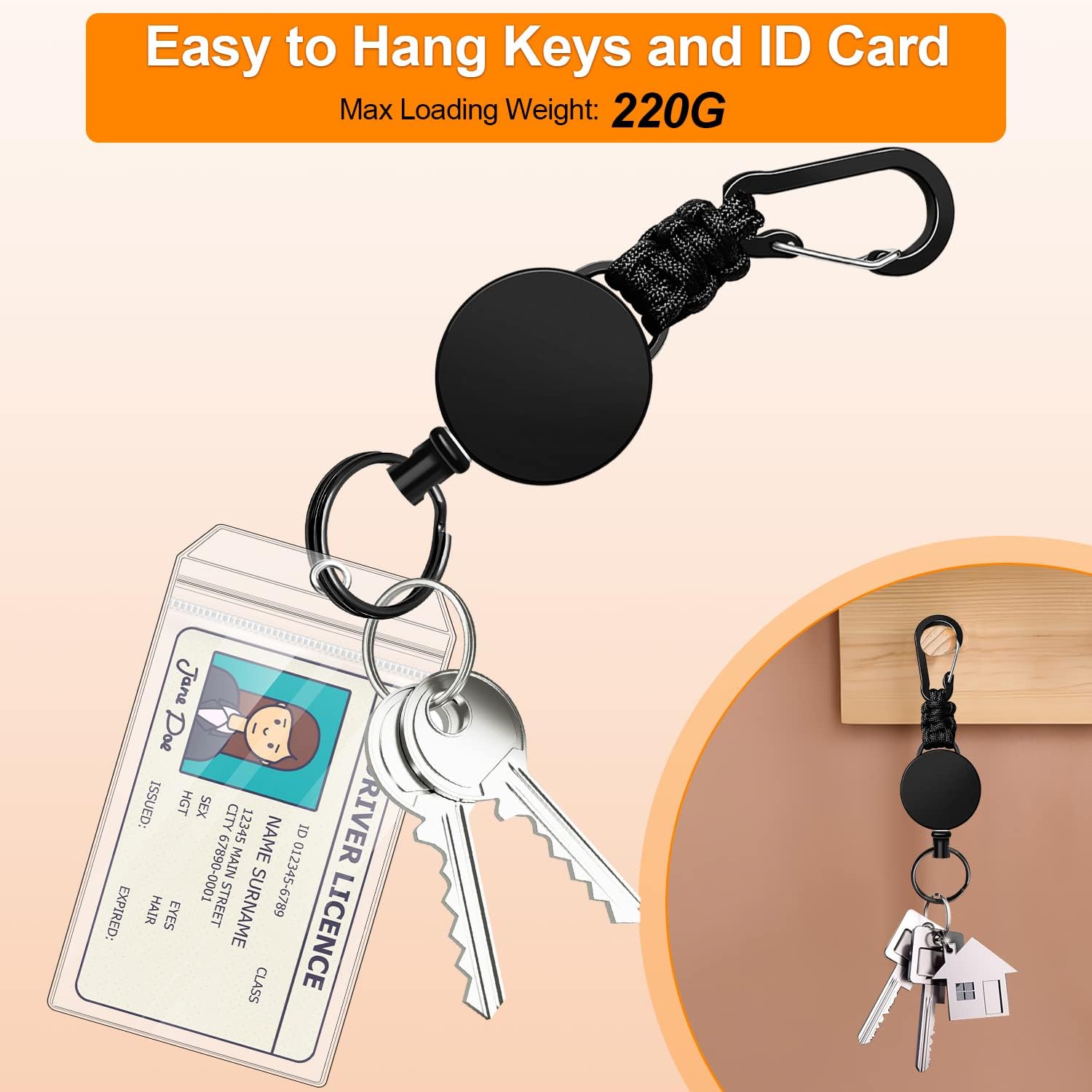 Retractable Keychain 3 Pack Heavy Duty Carabiner Badge Holder Extendable Reel ID Badge Holders Retractable for Keys Ring with 60 cm Steel Cord and Lanyard Black
