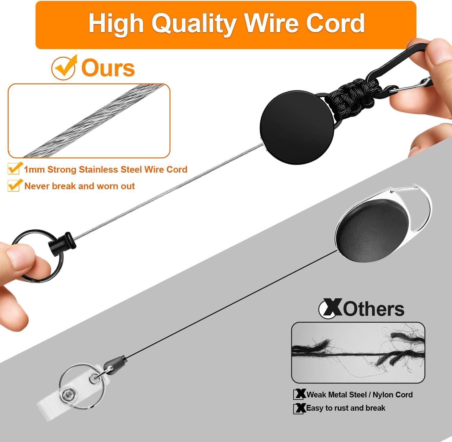 Retractable Keychain 3 Pack Heavy Duty Carabiner Badge Holder Extendable Reel ID Badge Holders Retractable for Keys Ring with 60 cm Steel Cord and Lanyard Black