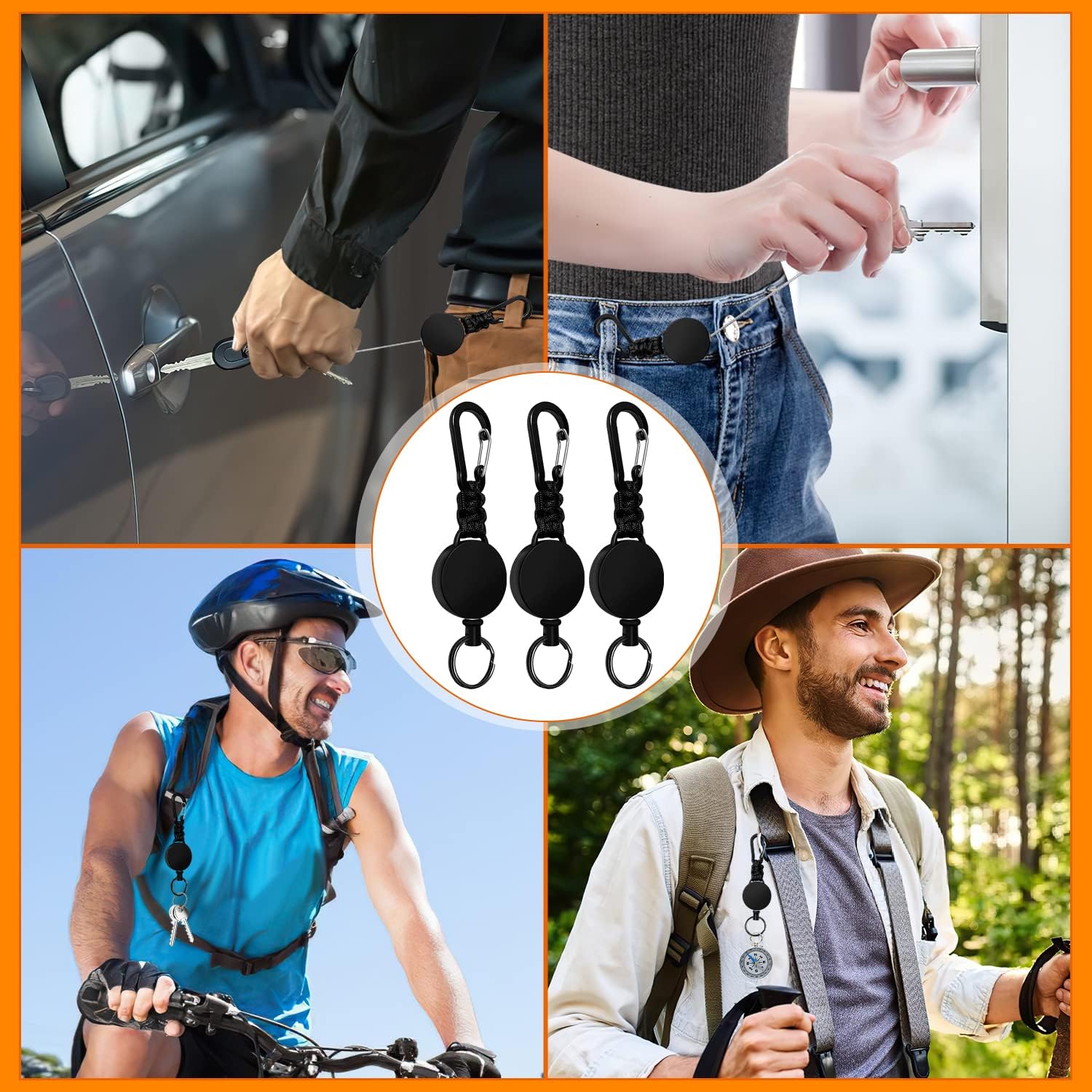 Retractable Keychain 3 Pack Heavy Duty Carabiner Badge Holder Extendable Reel ID Badge Holders Retractable for Keys Ring with 60 cm Steel Cord and Lanyard Black