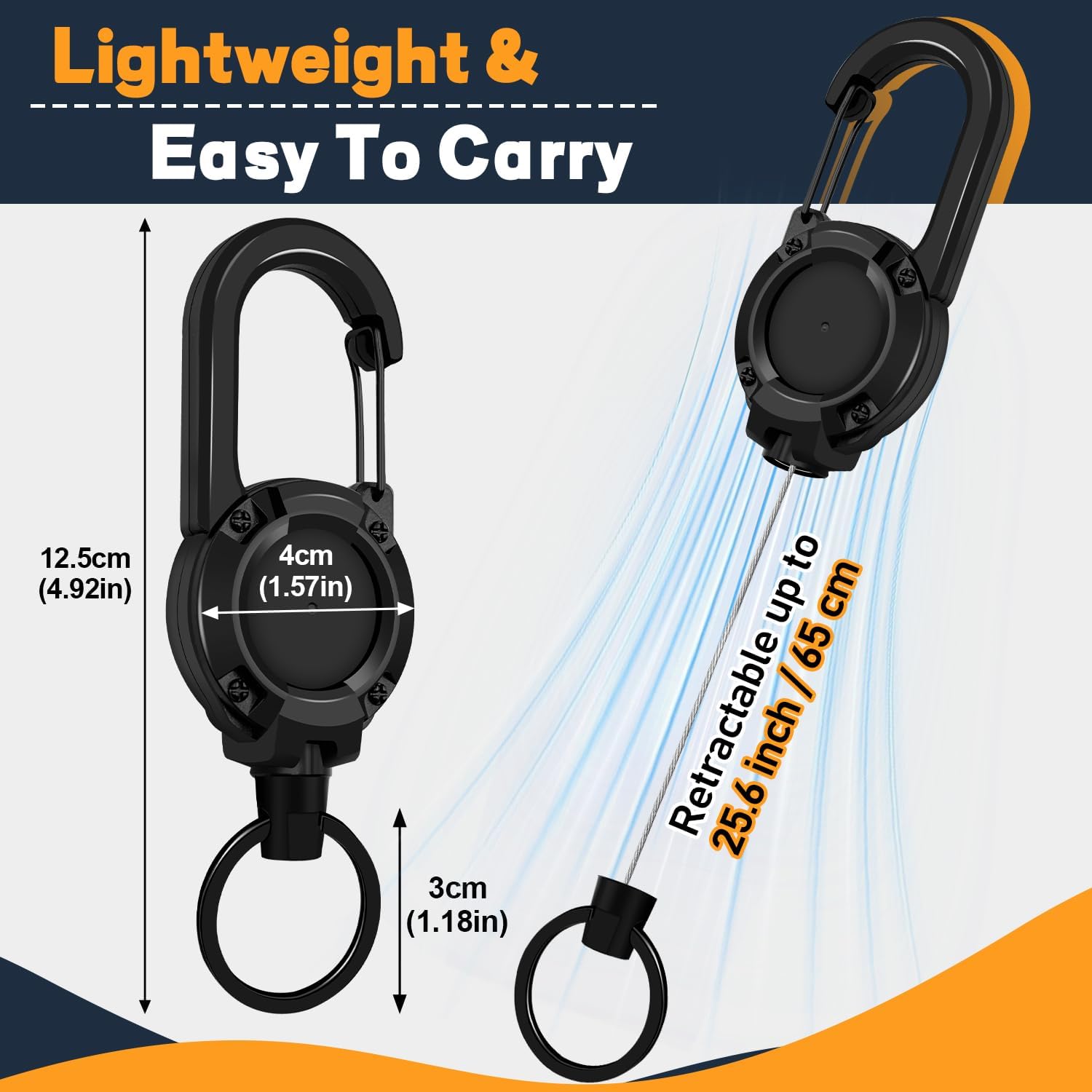 Retractable Keychain 3 Pack, Heavy Duty ID Badge Holder Reel, Multitool Carabine Key Holder for Keychain, Badge Holder with 25.6" Steel Retractable Cord Key Ring Clip, 8.8 oz Black+Purple+Orange