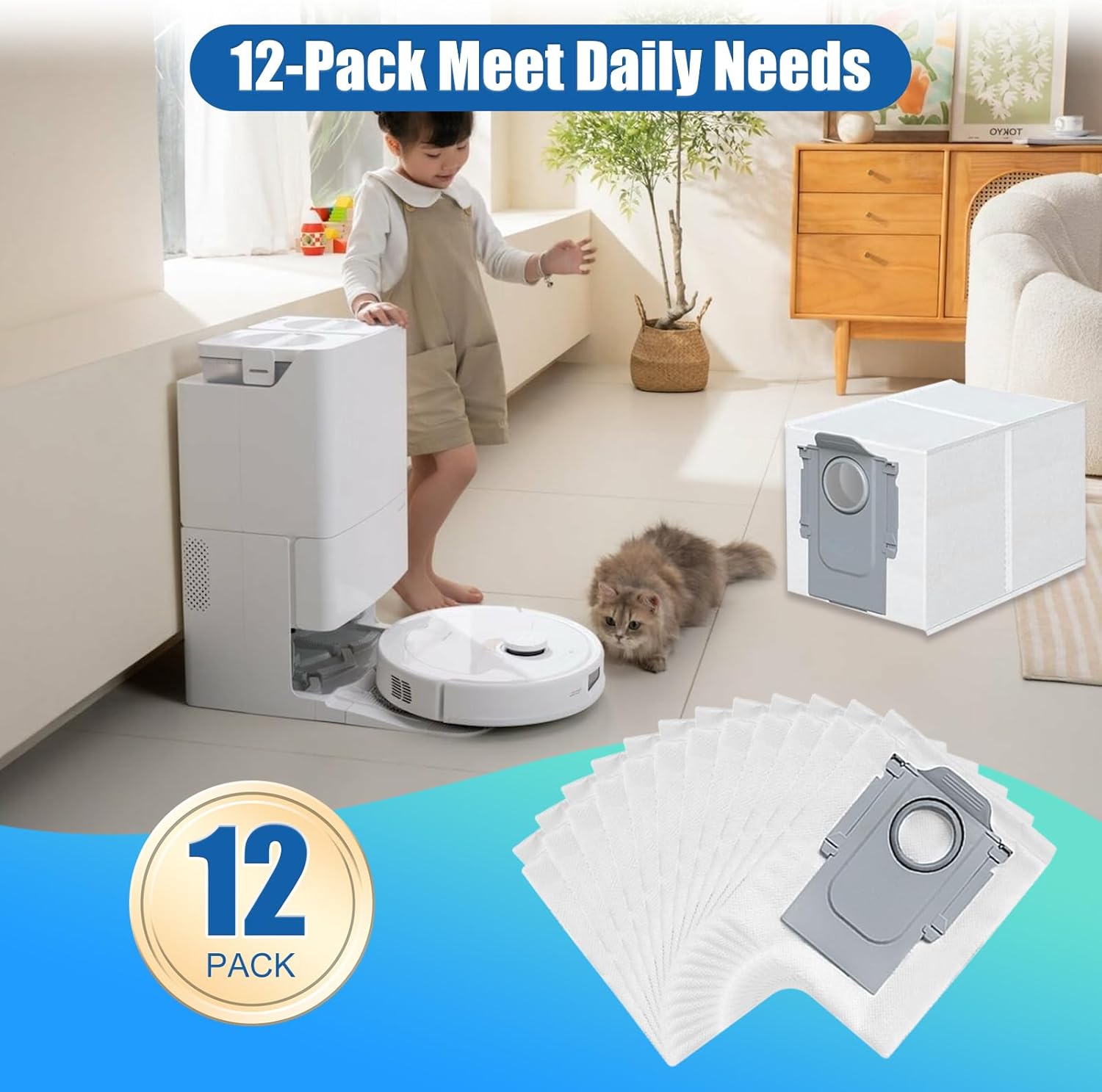 12 Pack Dust Bags for Roborock Q Revo/Qrevo S/Slim/Qrevo Pro/Qrevo MaxV/Qrevo Master/Qrevo Plus/Qrevo Curv, S8 Max/S8 MaxV Ultra, Saros 10R/10 Vacuum Disposable Dust Bags Replacement-3L
