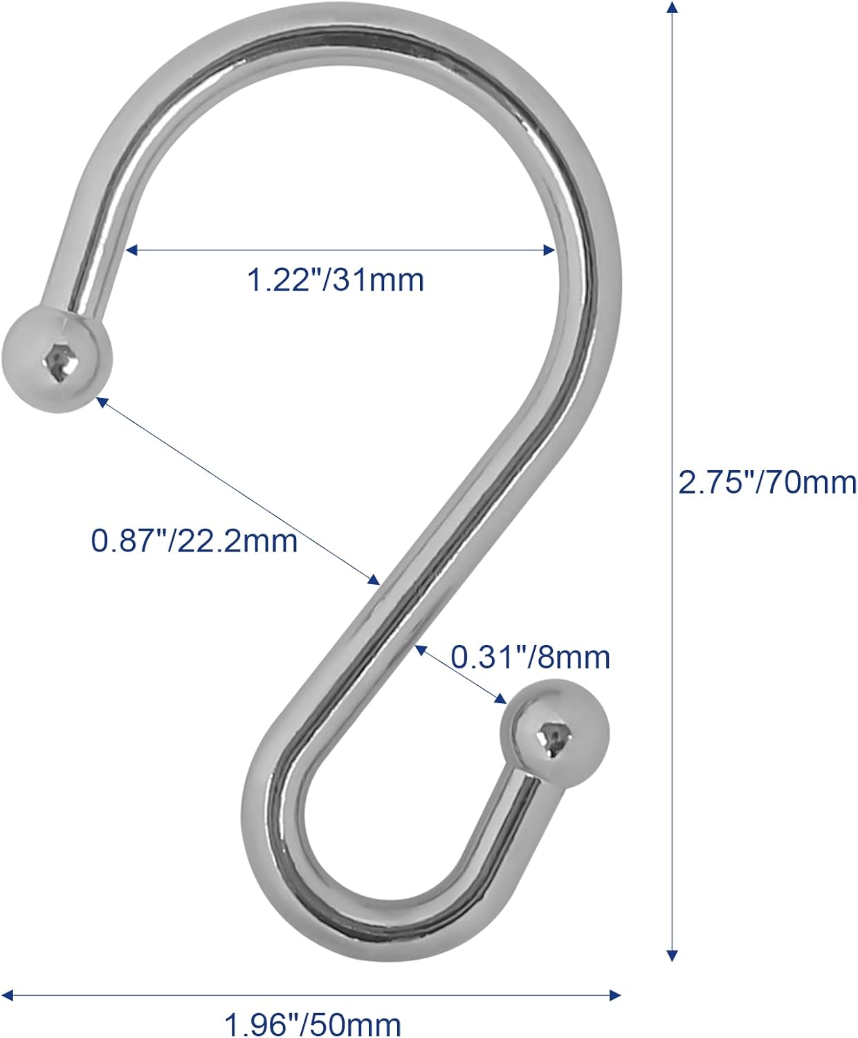 Metal Shower Curtain Hooks, Set of 12, Rt Proof Shower Curtain Hooks Rings, Durable S Shaped Hooks Hangers for Shower Curtains, Kitchen Utensils, Clothes, Towels Chrome