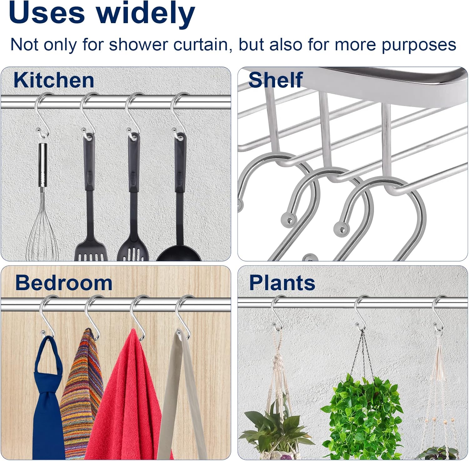 Metal Shower Curtain Hooks, Set of 12, Rt Proof Shower Curtain Hooks Rings, Durable S Shaped Hooks Hangers for Shower Curtains, Kitchen Utensils, Clothes, Towels Chrome