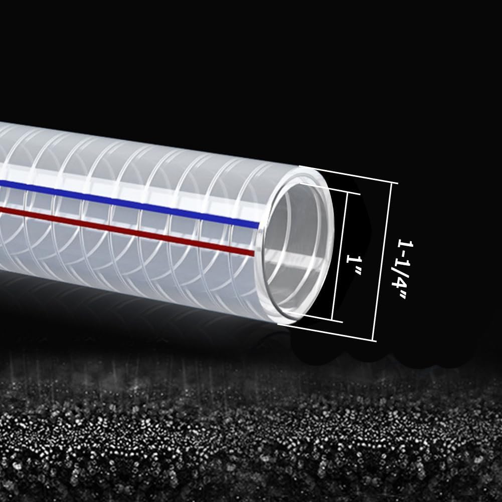 1"ID x 1-1/4"OD Steel Wire Suction Vinyl PVC Flexible Tubing, High Pressure Heavy Duty UV Chemical Resistant Clear Thick Suction Tube Hose, 3.3 FT