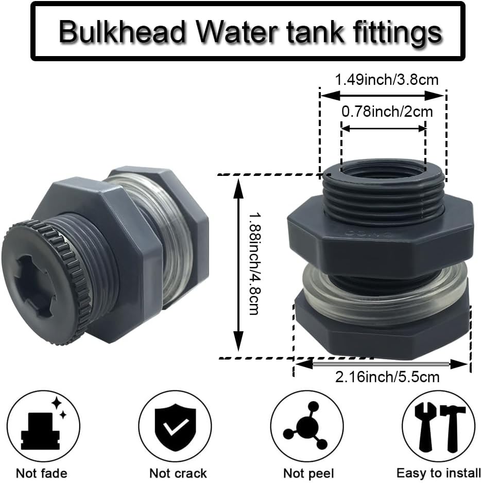 NPT 1/2” Female PVC Heavy-Duty Bulkhead Fitting with Plug, Silicon Seal Gasket Water Tank Connector for 1.5 Inch Hole Saw Rain Barrels, Aquariums 4Pcs Thickened Version
