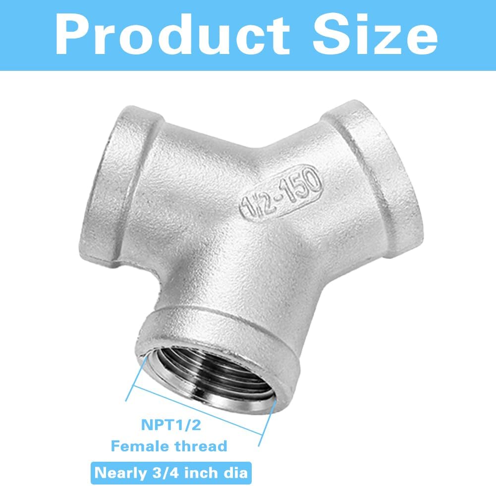 1/2" Female NPT Y Shape Adapter Cast Pipe Fitting 304 Stainless Steel 3 Way Connector Pack of 2