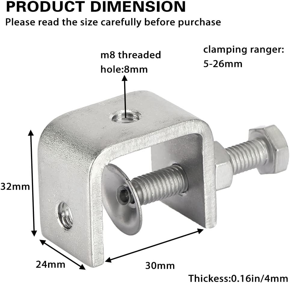 4pcs Heavy Duty Stainless Steel C-Clamp, 30MM Wide Jaw Openings, 0-25MM Clamping Range, M8 Threaded Hole, Silver
