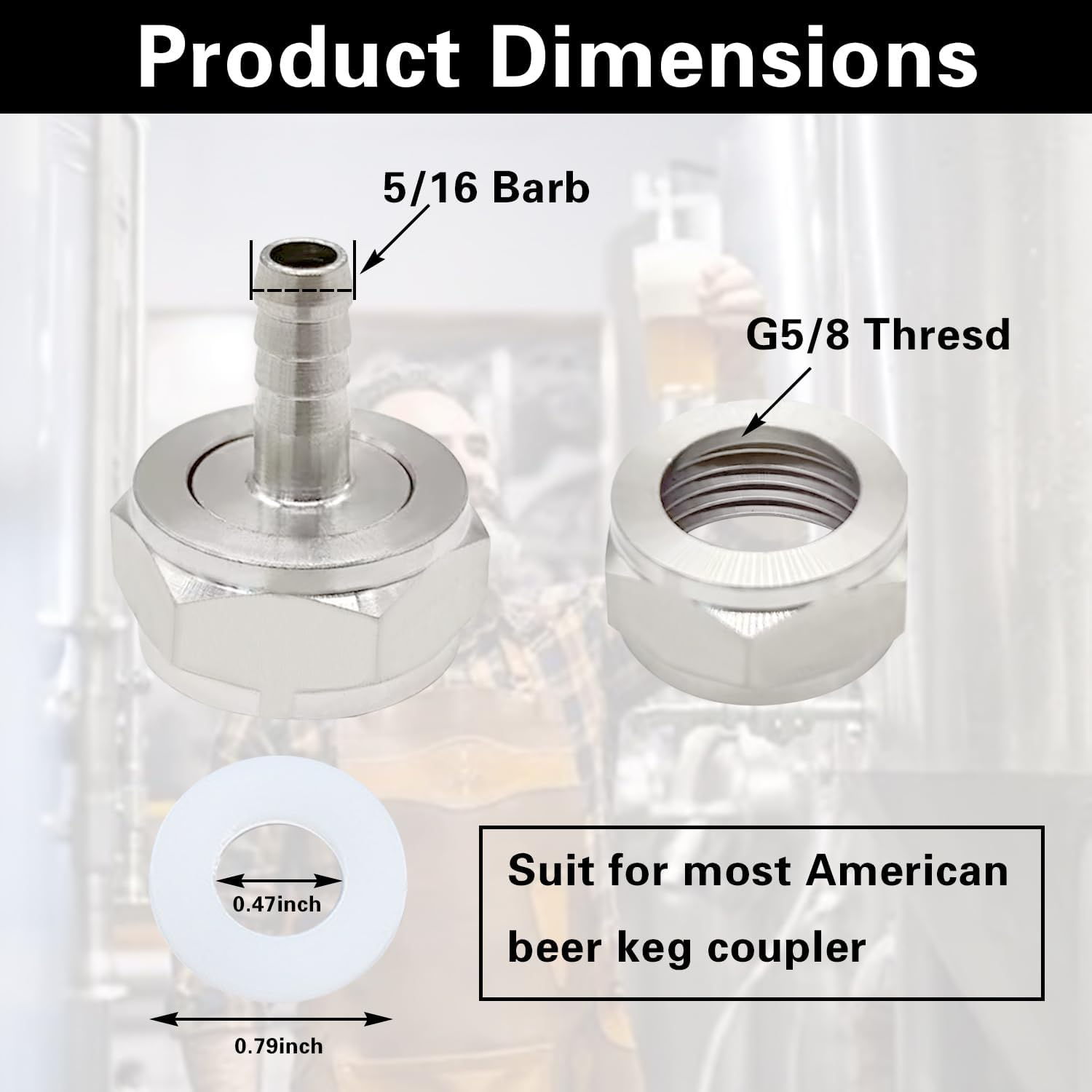 Keg Coupler Barb Connector, 5/16'' Barb x G5/8 Thread Stainless Steel 304 Beer Kegerator Sankey Couplers Hex Nut Beer Line Tailpiece Nipple Fitting with Sealing Gasket Washer 2 Pack
