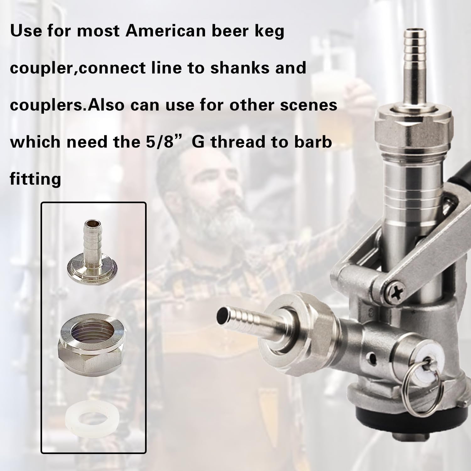 Keg Coupler Barb Connector, 5/16'' Barb x G5/8 Thread Stainless Steel 304 Beer Kegerator Sankey Couplers Hex Nut Beer Line Tailpiece Nipple Fitting with Sealing Gasket Washer 2 Pack